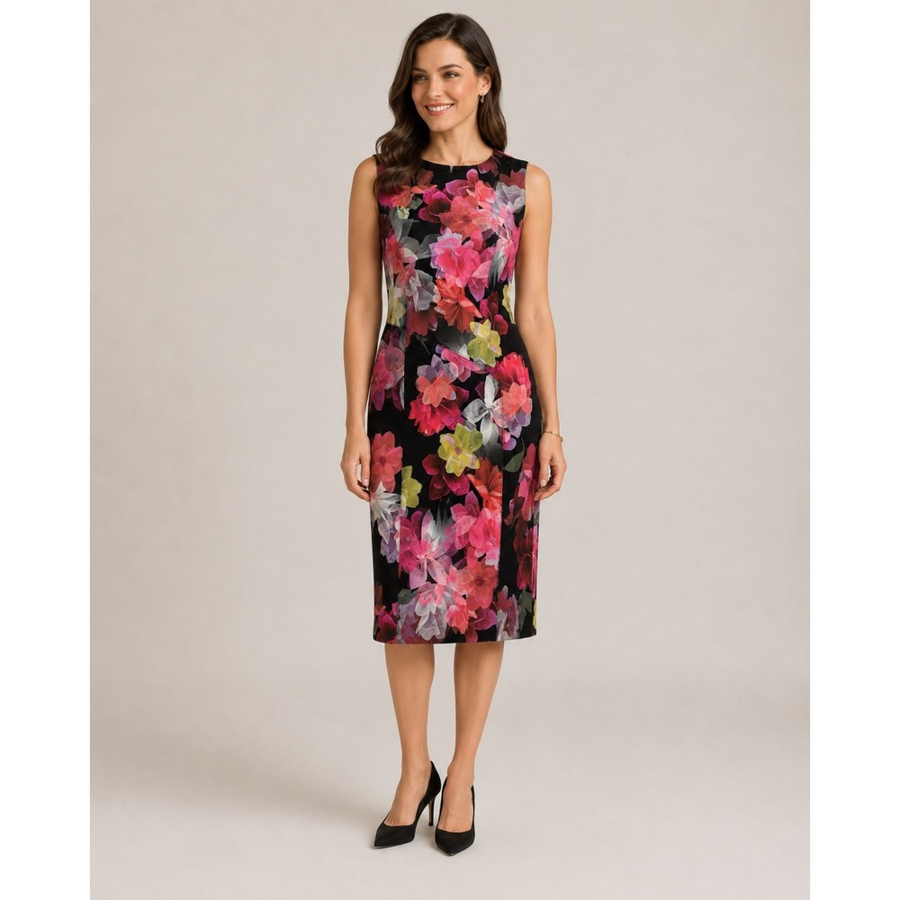 Nicole Miller New York Vibrant Floral Sheath Dress Black Pink Size 8‎ Sleeveless